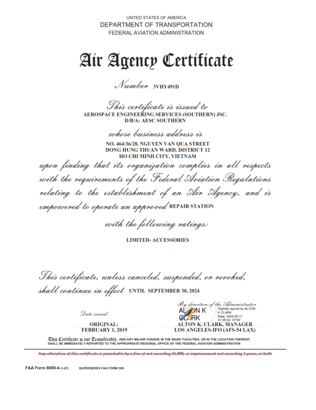 FAA Air Agency Certificate 3VHY49 renewal